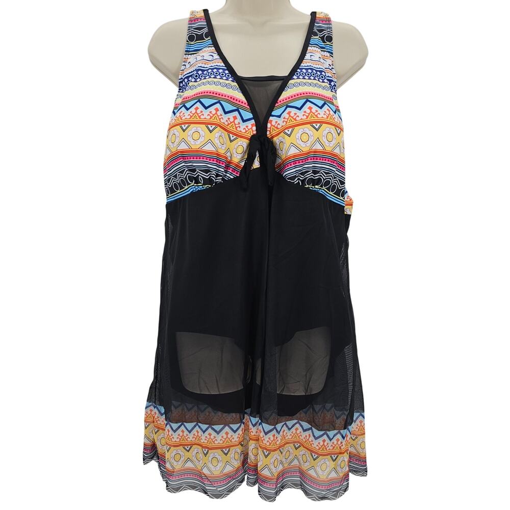 American Trends Womans size 4XL Mesh Geo Print Swimdress One Piece Black NWOT